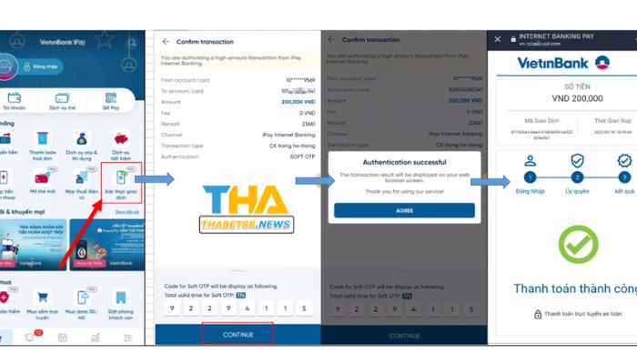 Chọn nút lệnh “CONTINUE” trên màn hình để tiếp tục nạp tiền Thabet vietinbank